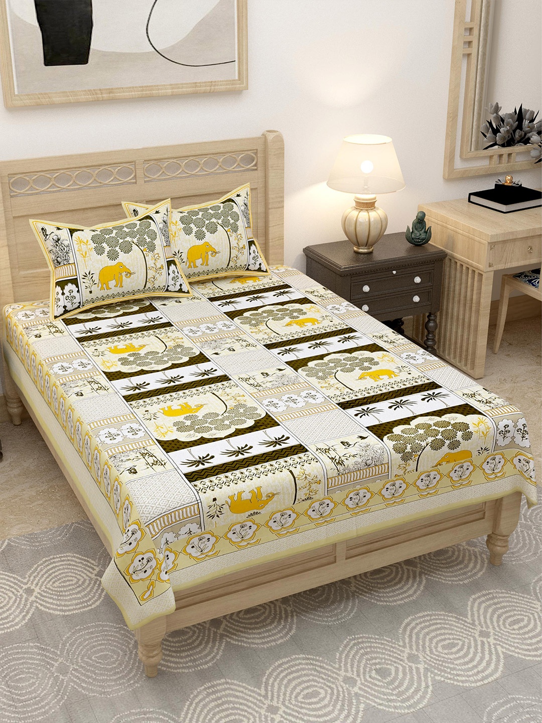 

Lali Prints Green & Yellow Elephant Motifs 144 TC Single Bedsheet with 2 Pillow Covers