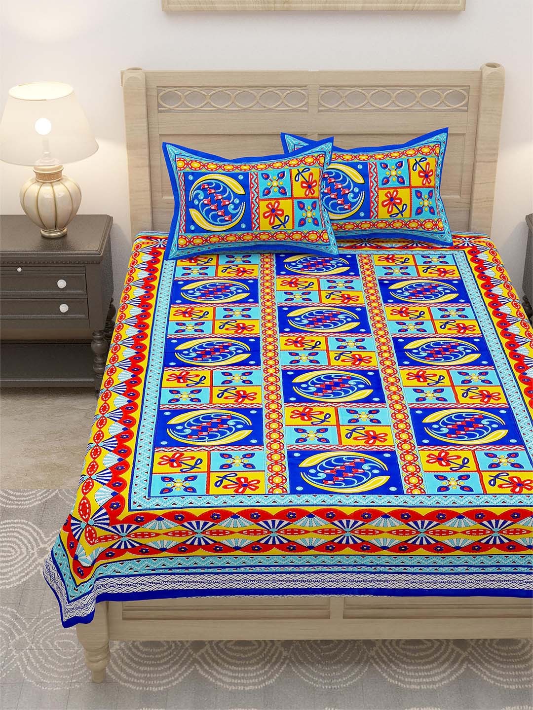 

Lali Prints Blue & Yellow Geometric 144 TC Single Bedsheet with 2 Pillow Covers