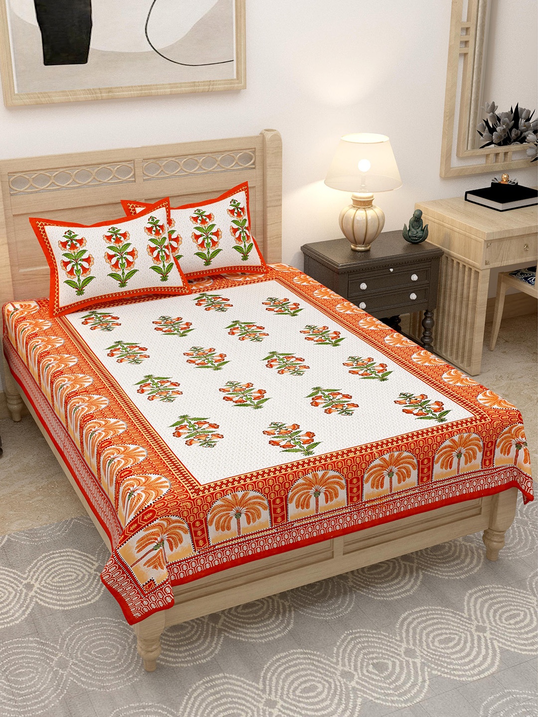 

Lali Prints Orange & White Floral 144 TC Single Bedsheet with 2 Pillow Covers