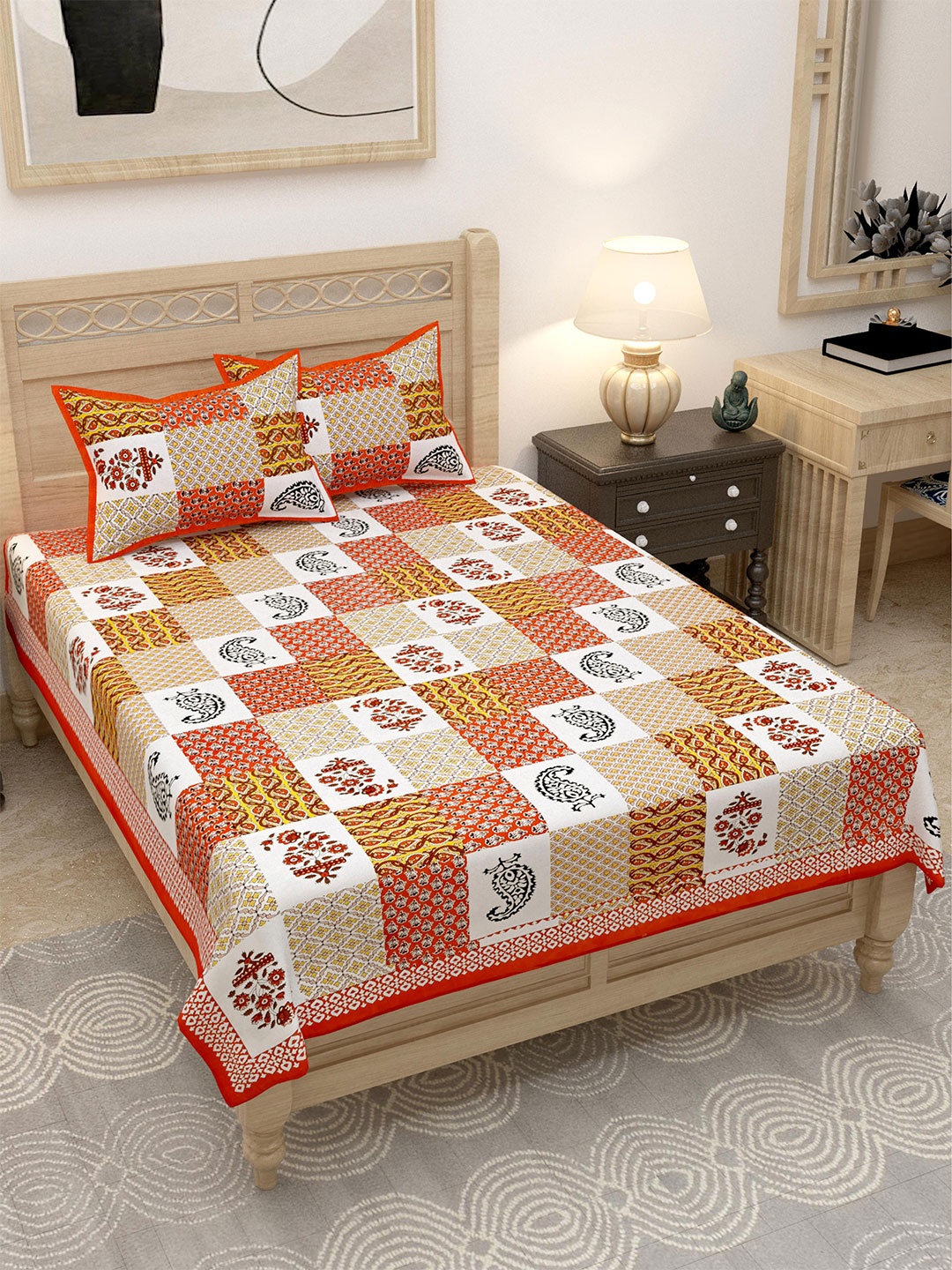 

Lali Prints Orange & White Geometric 144 TC Single Bedsheet with 2 Pillow Covers