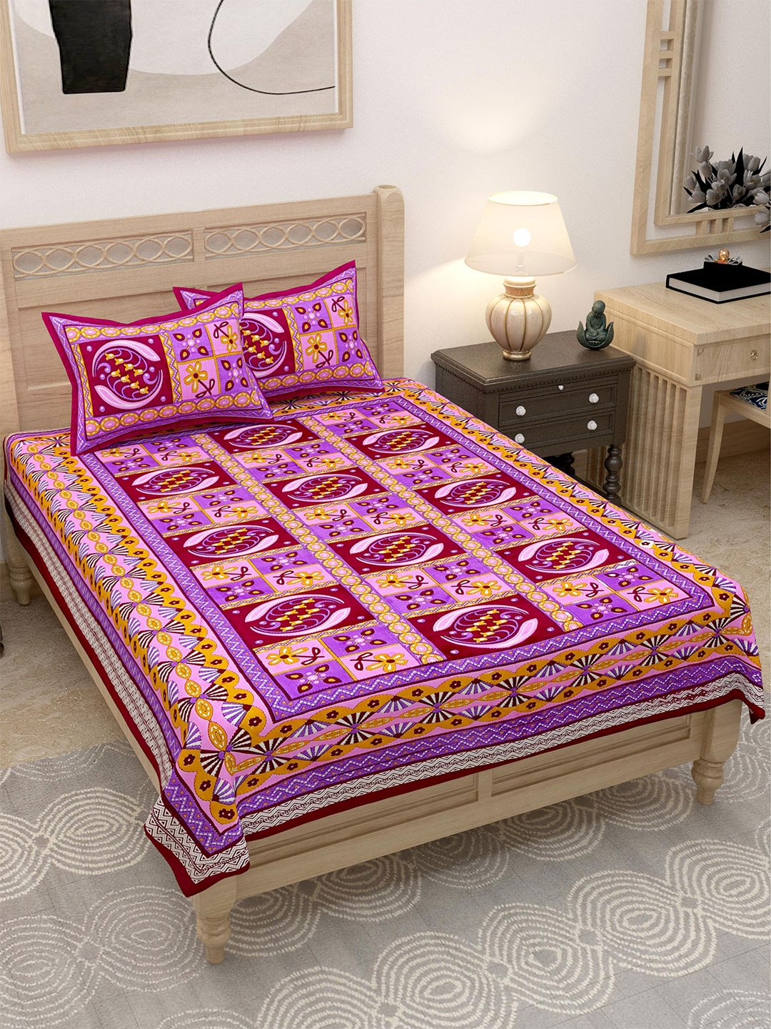 

Lali Prints Pink & Yellow Geometric 144 TC Single Bedsheet with 2 Pillow Covers