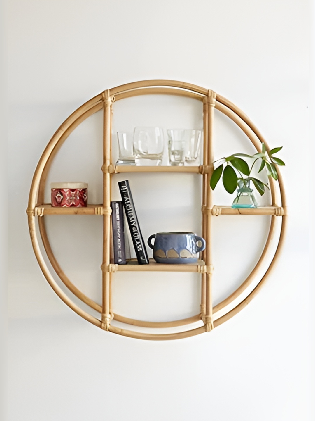 

akway Beige Textured Floating Bamboo Round Wall Shelves