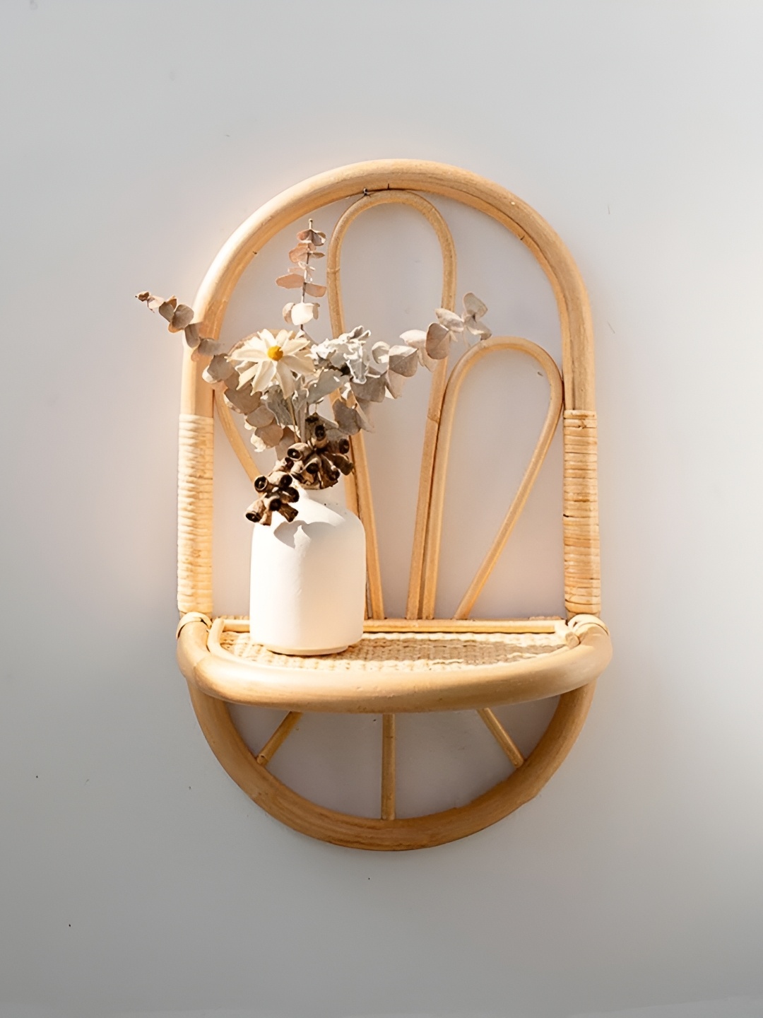 

akway Beige Textured Wooden Arc Wall Shelf