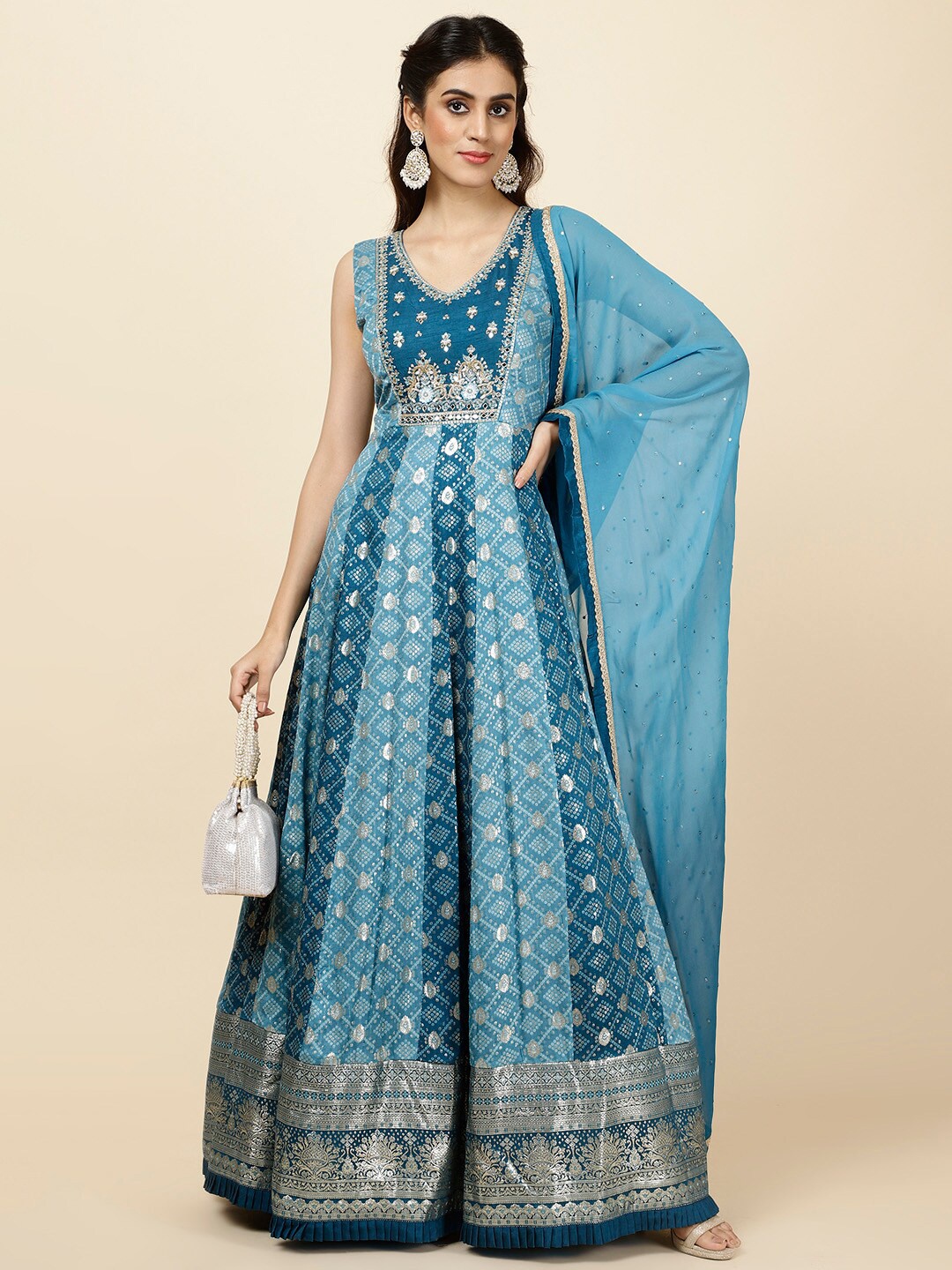 

Meena Bazaar Floral Embroidered Anarkali Kurta With Dupatta, Blue