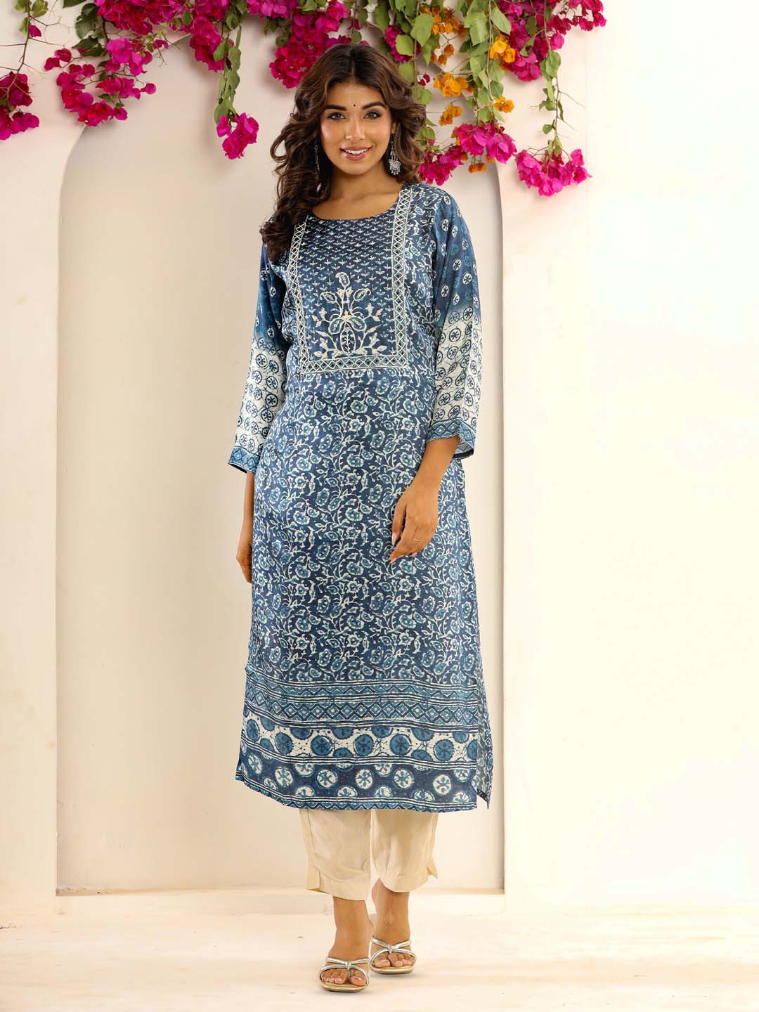 

Meena Bazaar Ethnic Motifs Printed Thread Work Pathani Kurta, Blue