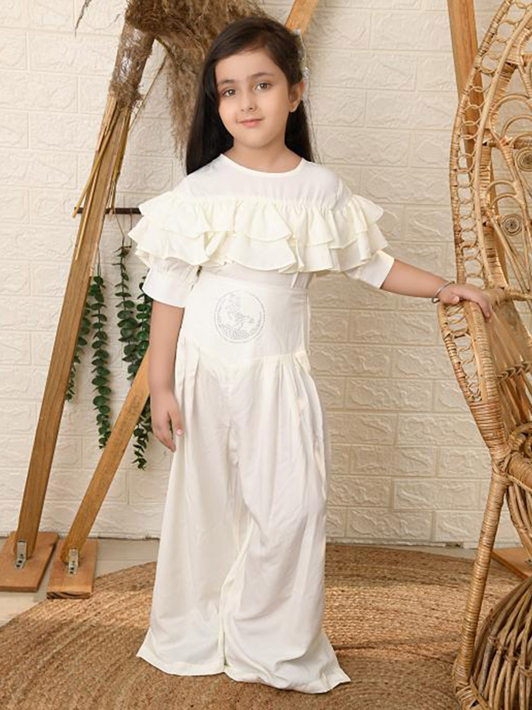 

BAESD Girls Round Neck Ruffles Top with Palazzos, Off white