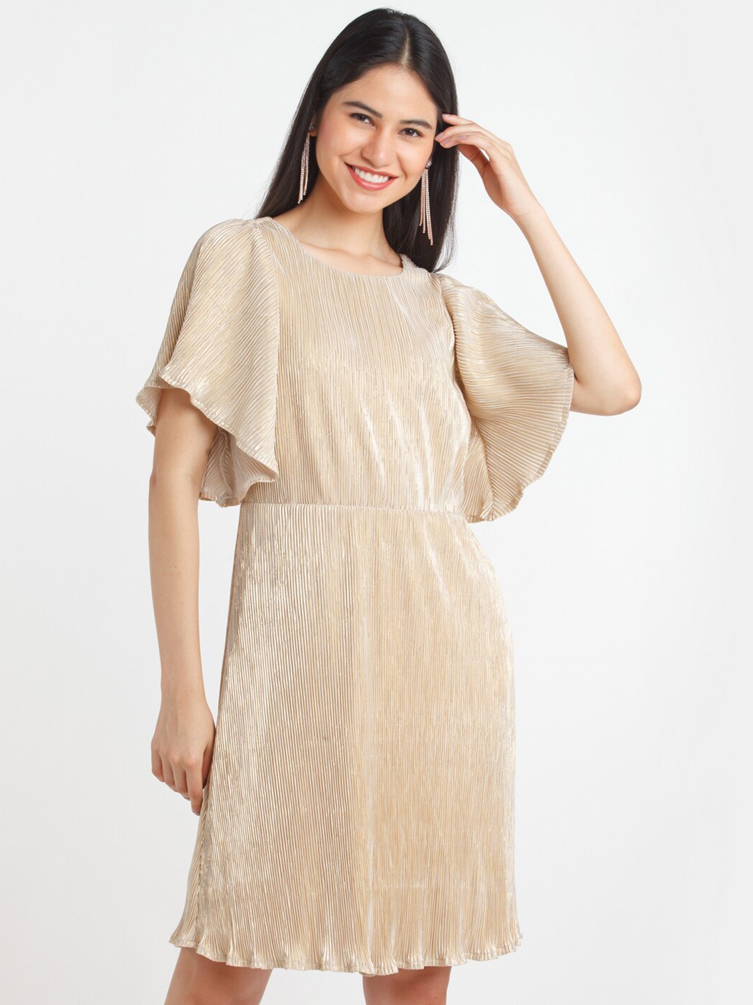 

Zink London Striped Round Neck Short Fluttered Sleeves Fit And Flare Dress, Gold