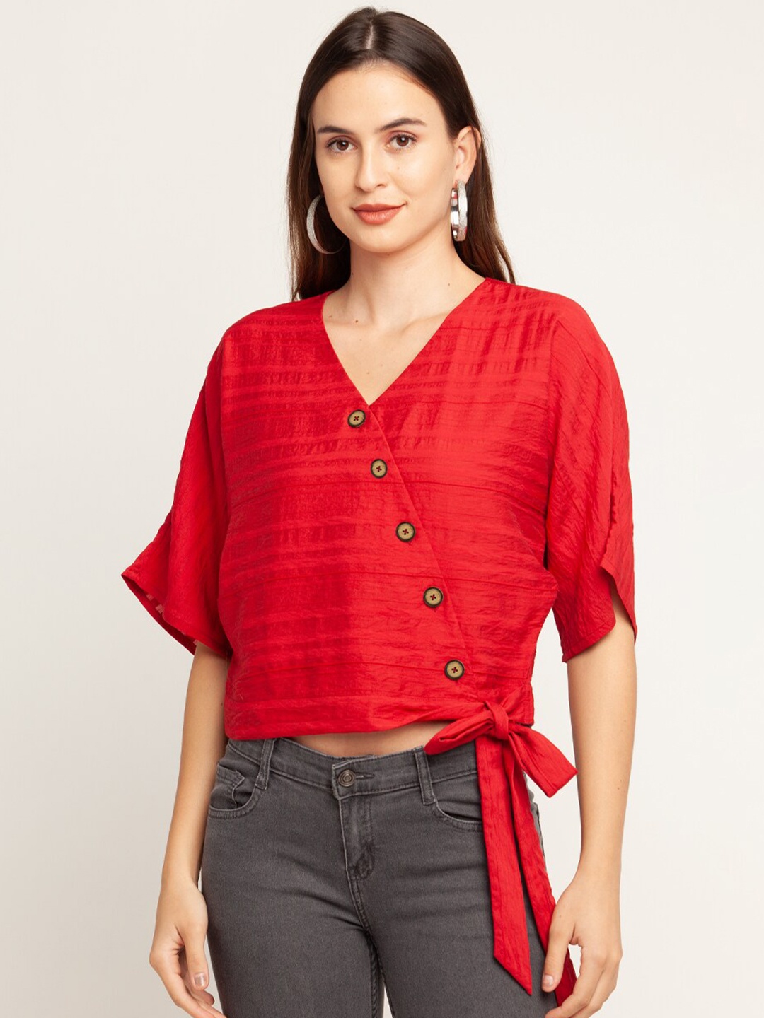 

Zink London Printed Extended Sleeves Wrap Crop Top, Red