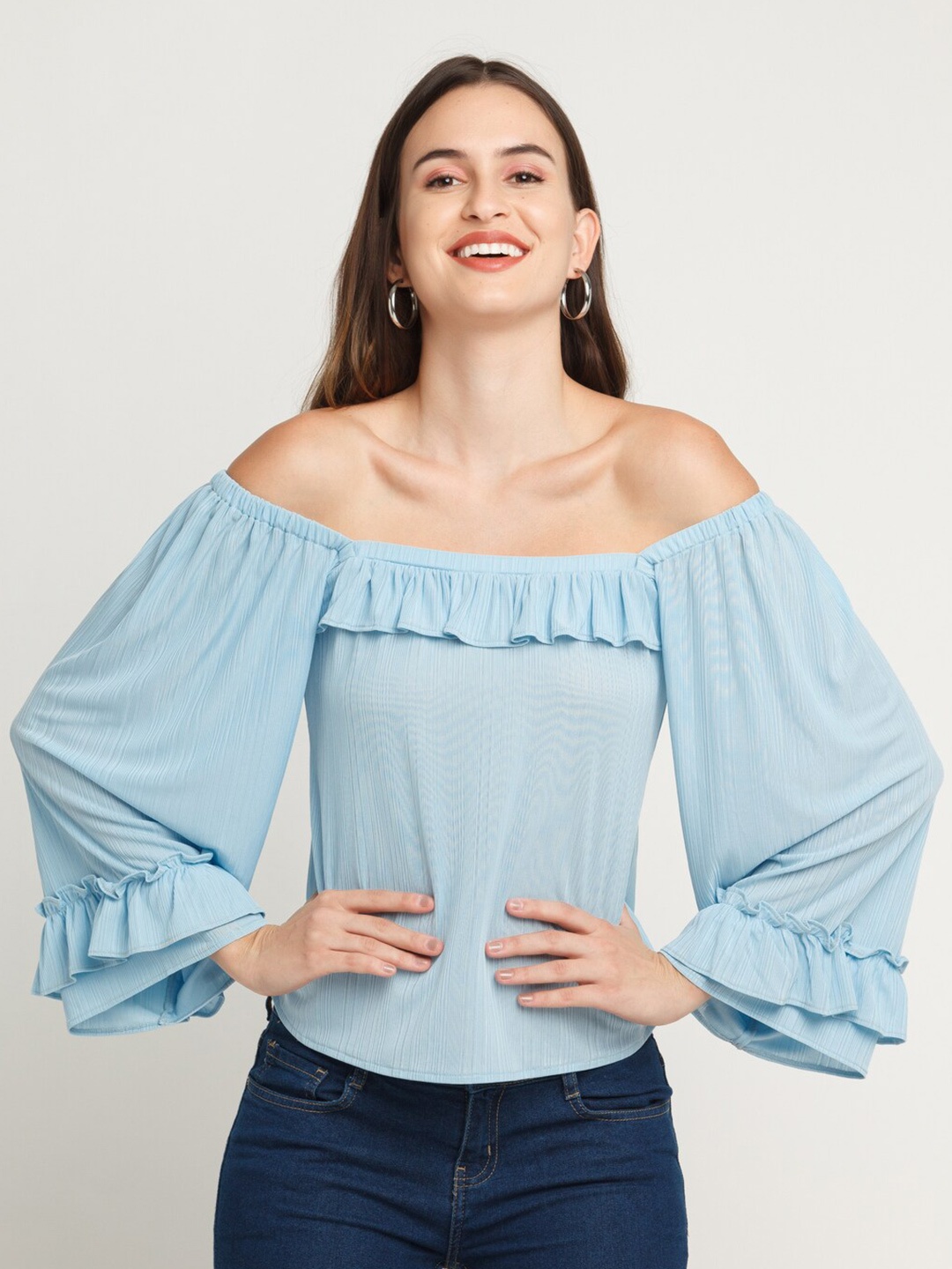 

Zink London Off Shoulder Bell Sleeve Bardot Top, Blue