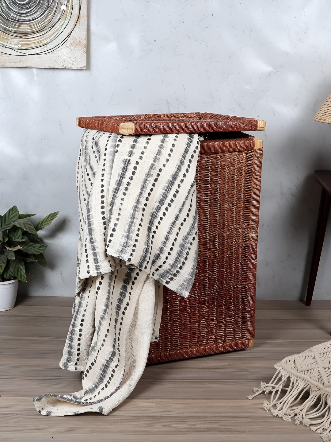 

akway Brown Textured Bamboo Cane Laundry Basket, Beige