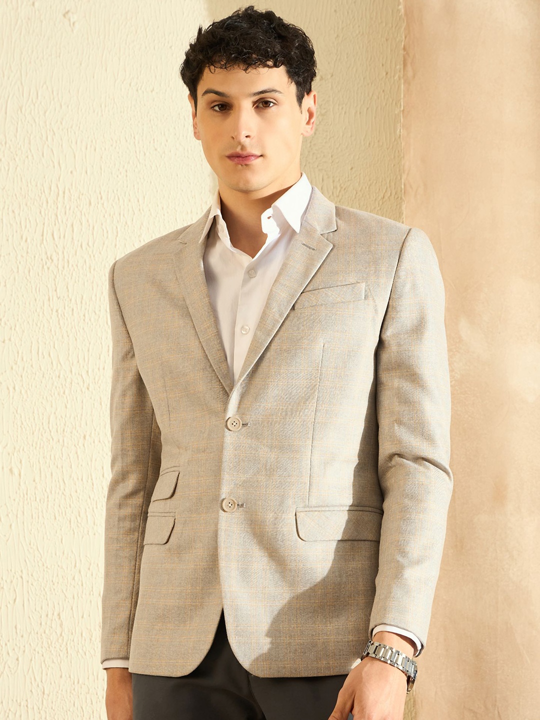 

DENNISON Checkered Notched Lapel Collar Single-Breasted Blazer, Grey