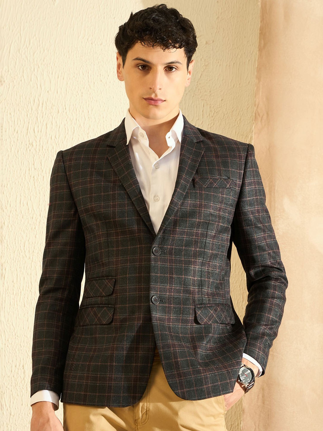 

DENNISON Men Checked Single Breasted Notched Lapel Blazer, Black