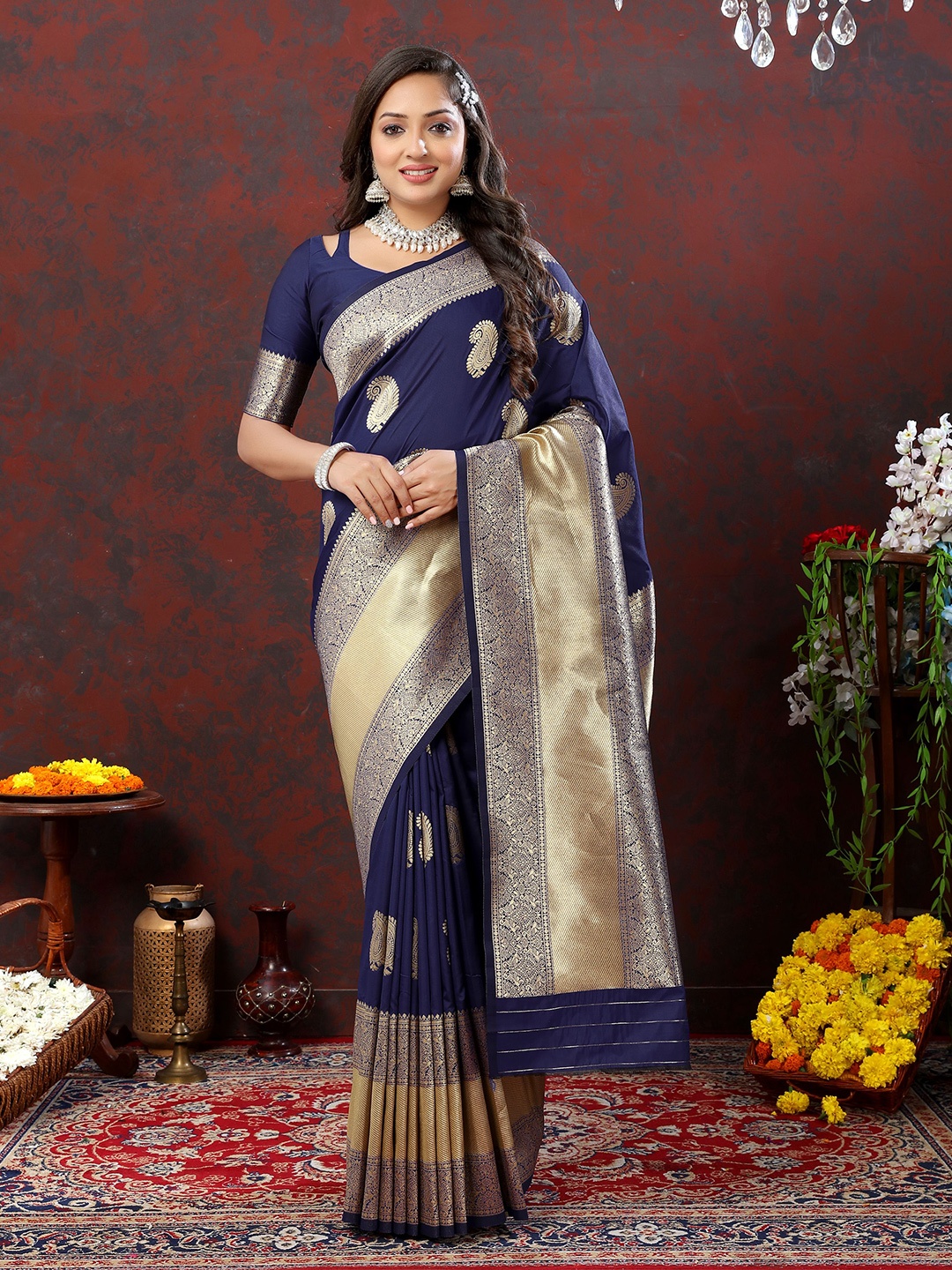 

NIWAA Paisley Zari Banarasi Saree, Navy blue