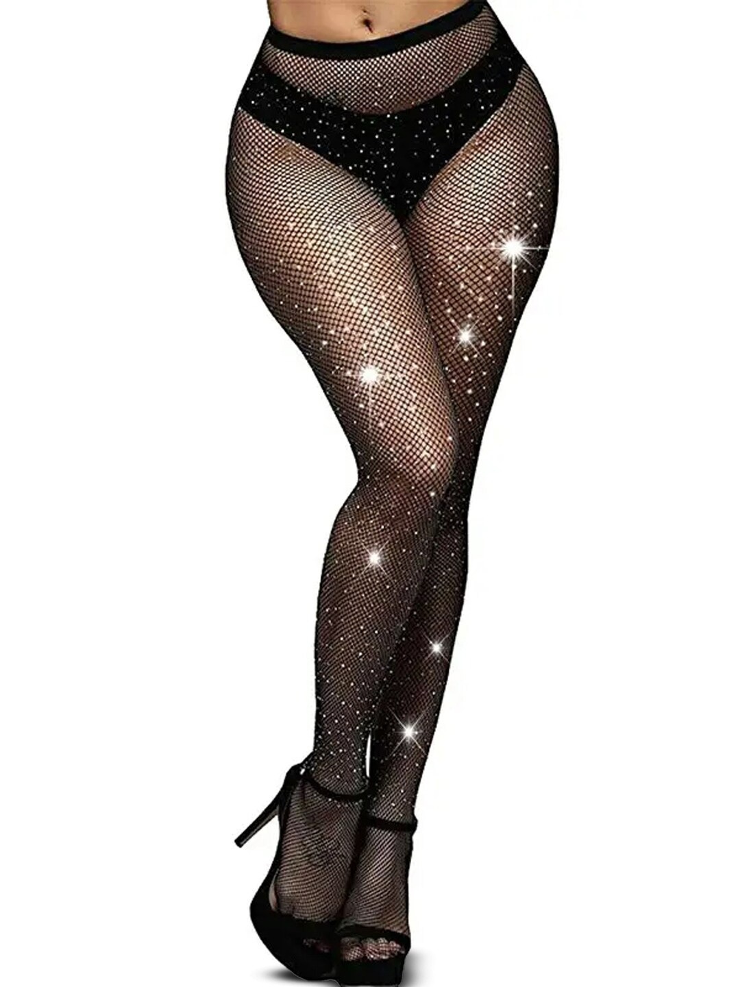 

FIMBUL Rhinestone Studded Sparkle Fishnet Stockings, Black