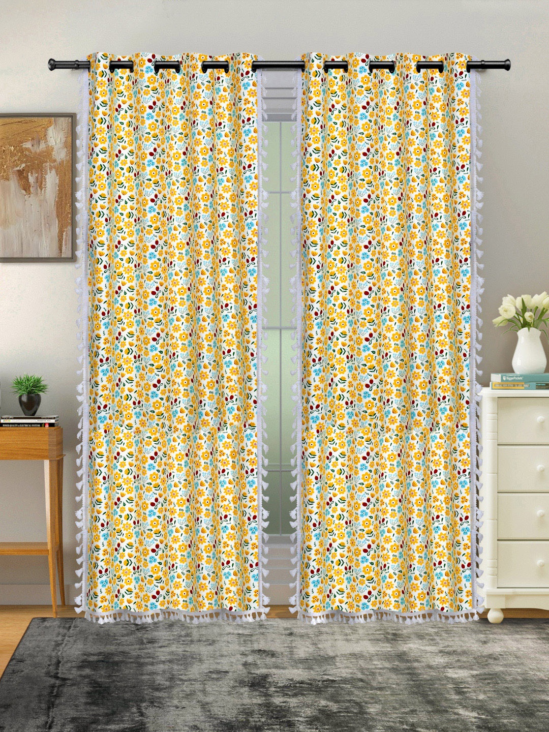 

Cortina Yellow & Blue 2 Pcs Floral Room Darkening Cotton Door Curtains