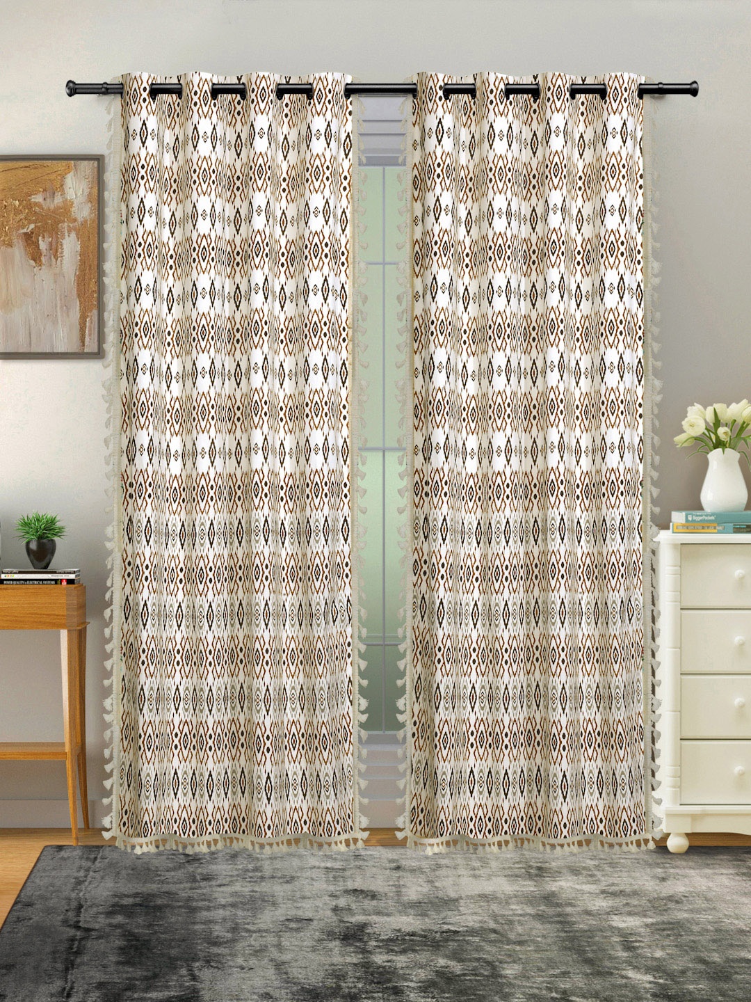 

Cortina Brown & White 2 Pcs Ethnic Motifs Room Darkening Cotton Door Curtains