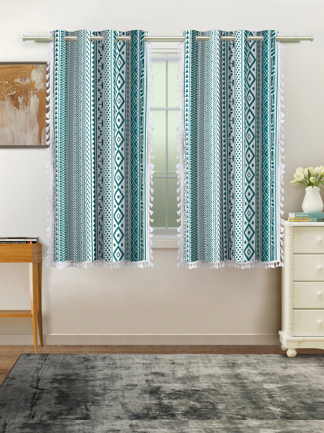 

Cortina Teal Green & White 2 Pcs Geometric Room Darkening Cotton Window Curtains