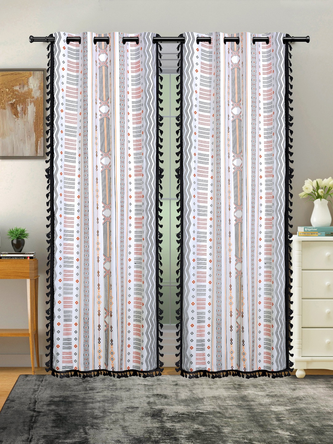 

Cortina White & Grey 2 Pcs Geometric Room Darkening Cotton Long Door Curtains