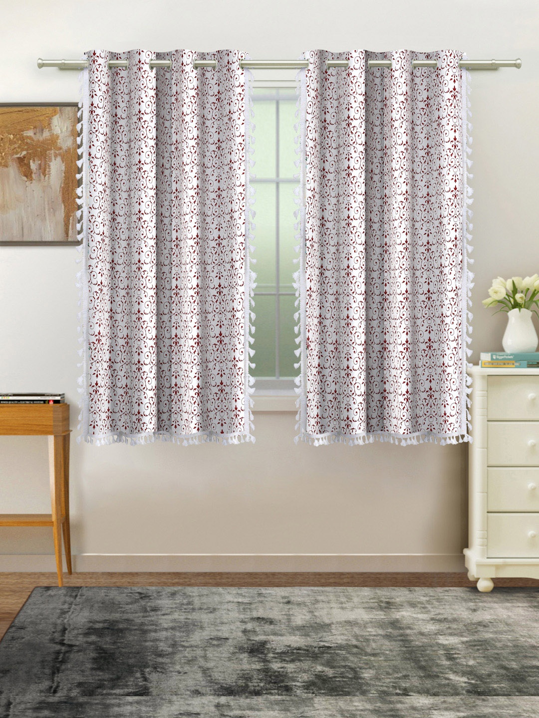 

Cortina Maroon & White 2 Pcs Ethnic Motifs Room Darkening Cotton Window Curtains