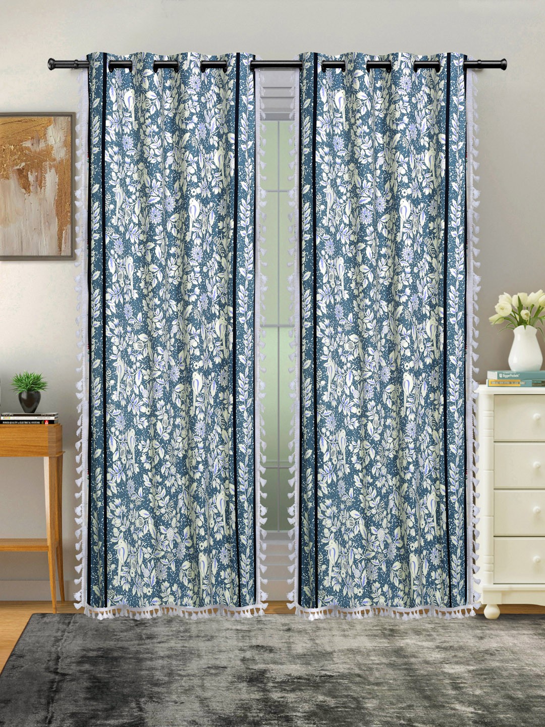

Cortina Blue & White 2 Pcs Floral Printed Room Darkening Cotton Long Door Curtains