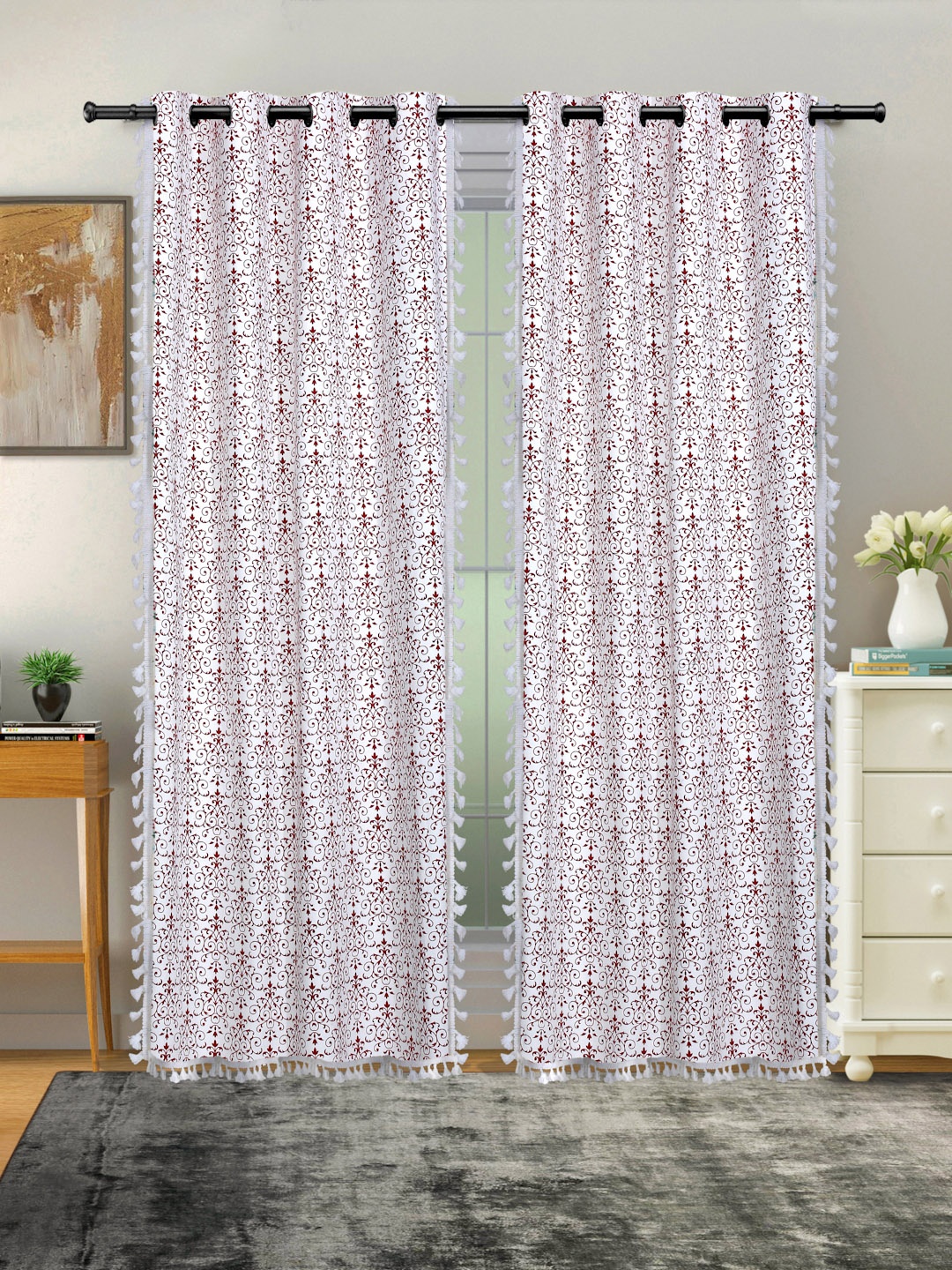 Cortina Maroon & White 2 Pcs Ethnic Motifs Room Darkening Cotton Long Door Curtains