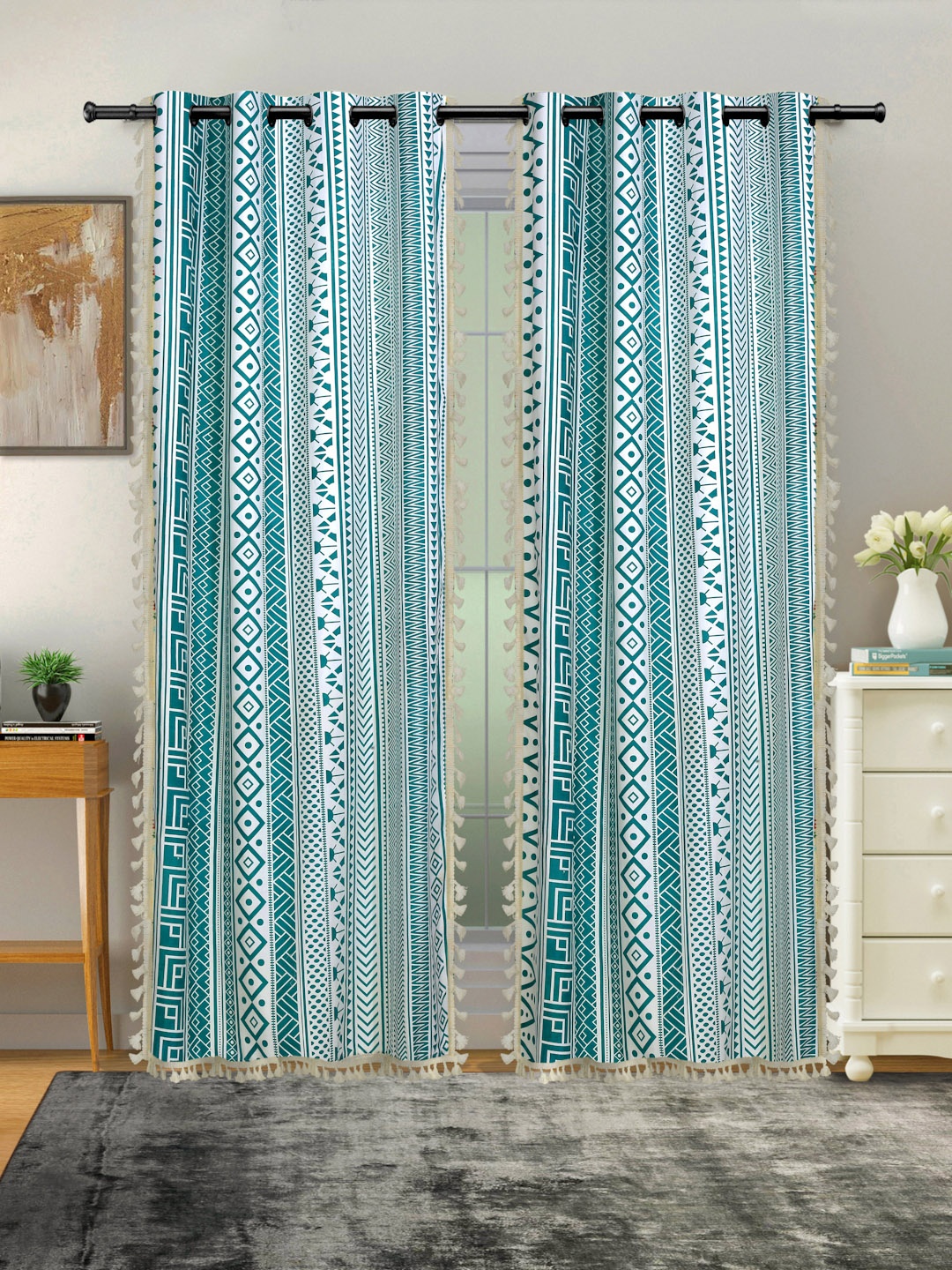 

Cortina Teal Green & White 2 Pcs Cotton Abstract Printed Room Darkening Long Door Curtains