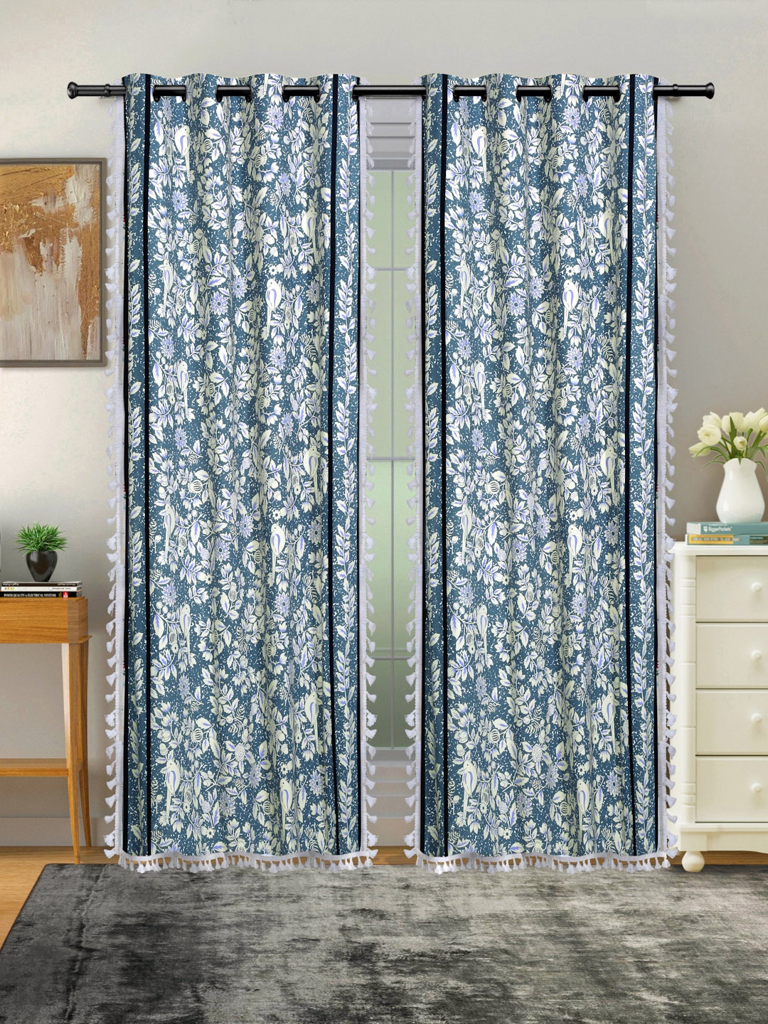 

Cortina Blue & White 2 Pcs Floral Printed Room Darkening Cotton Door Curtains
