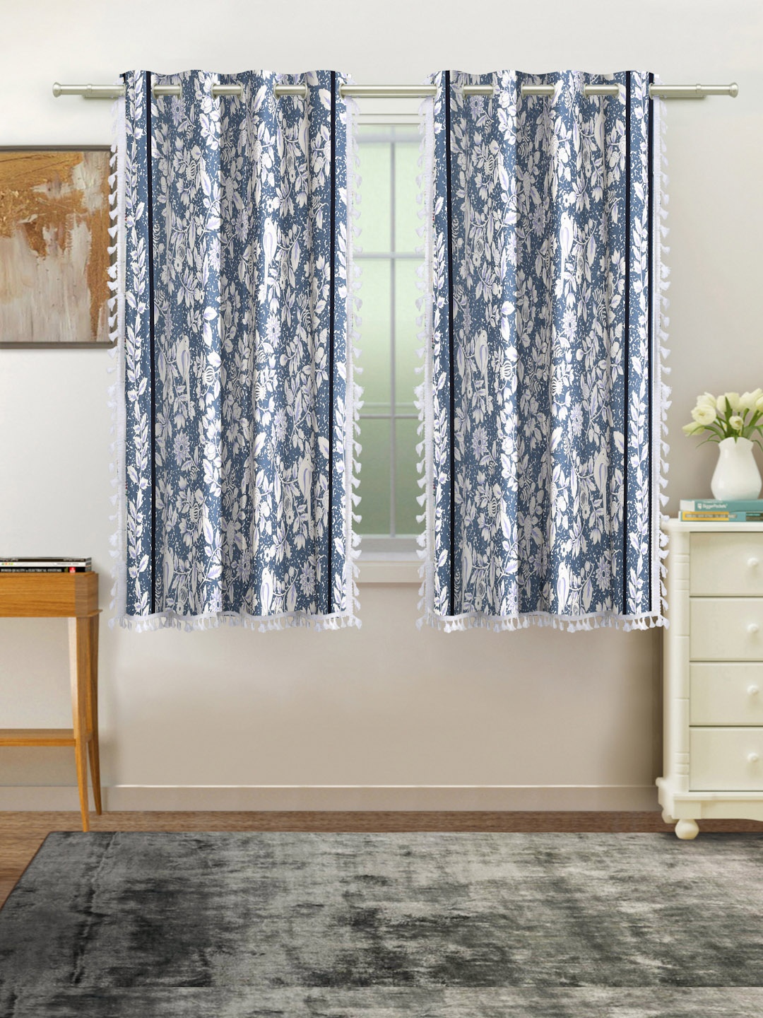 

Cortina Blue & White 2 Pcs Room Darkening Cotton Window Curtains