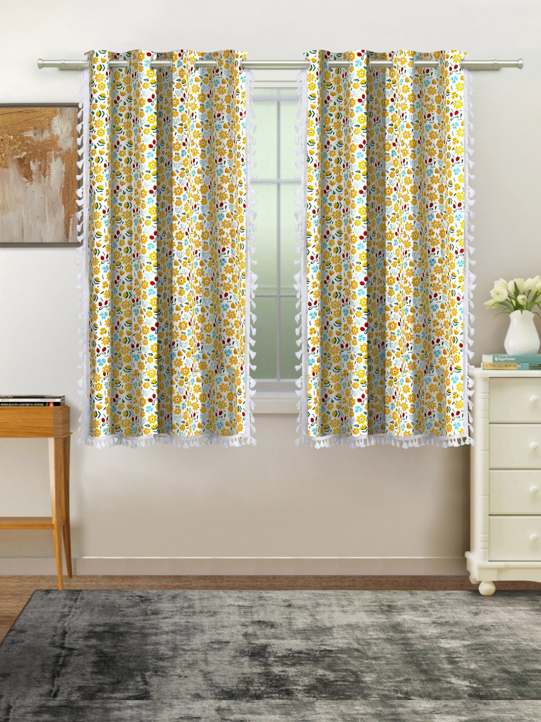 Cortina Yellow & Blue 2 Pcs Floral Room Darkening Cotton Window Curtains