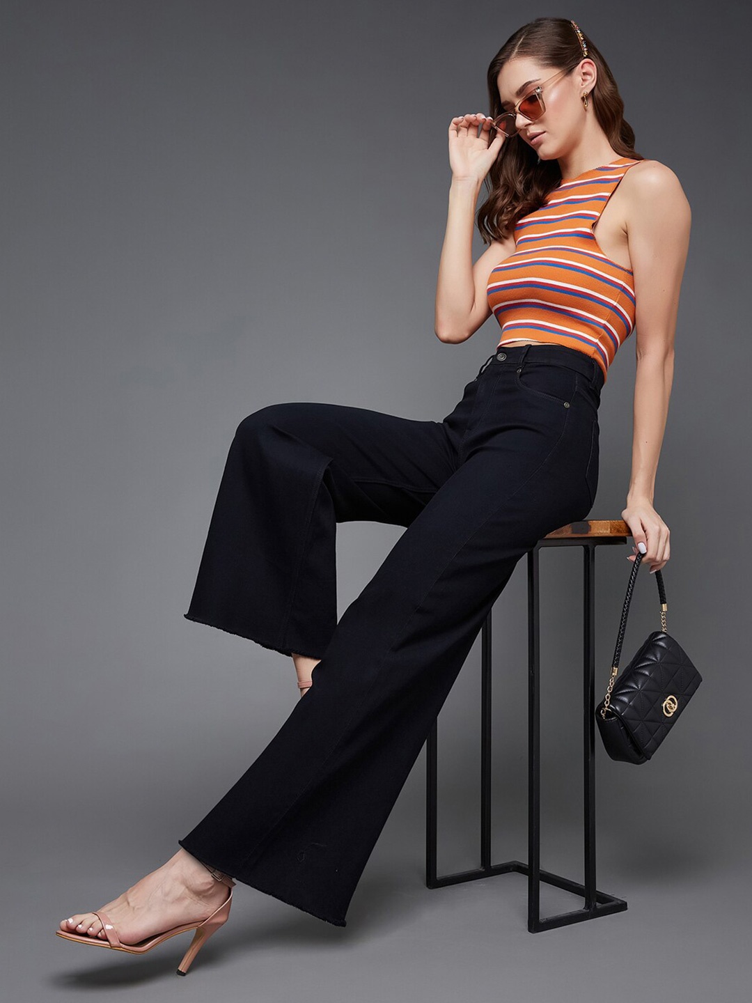 

Miss Chase Women Wide Leg High Rise Stretchable Jeans, Black