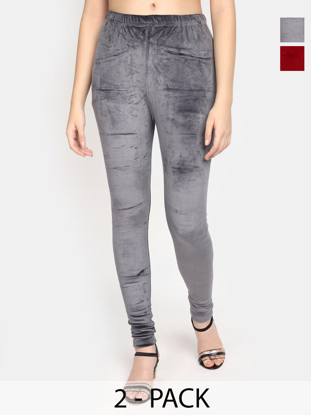 

V-Mart Pack Of 2 Churidar-Length Velvet Leggings, Grey