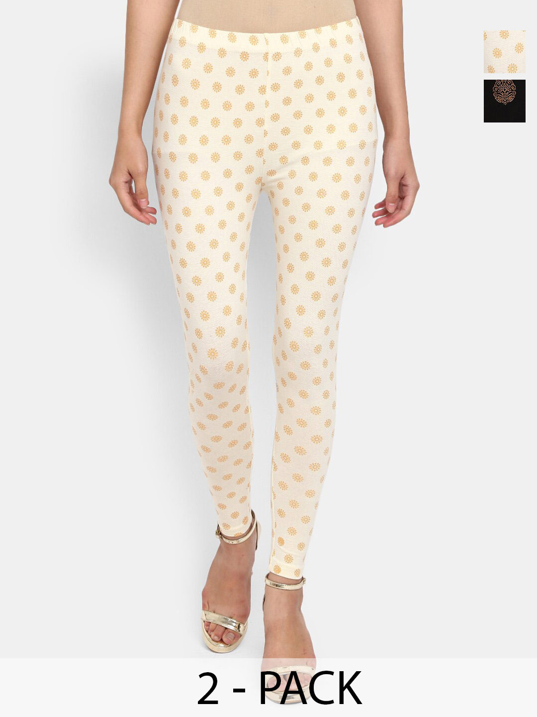 

V-Mart Pack Of 2 Printed Ankle-Length Leggings, Beige