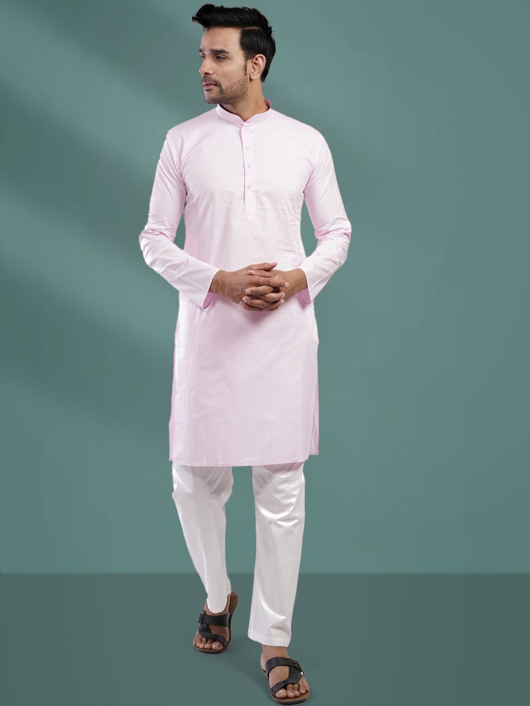 

Lightpole Pink Mandarin Collar Long Sleeves Cotton Kurta