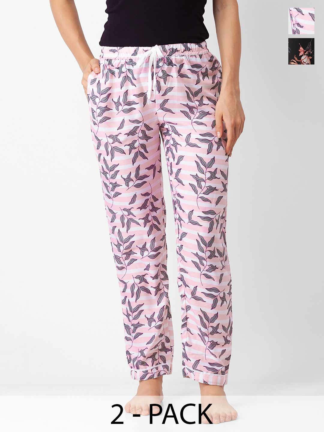 

NOIRA Women Pack Of 2 Printed Straight Leg Lounge pants, Pink
