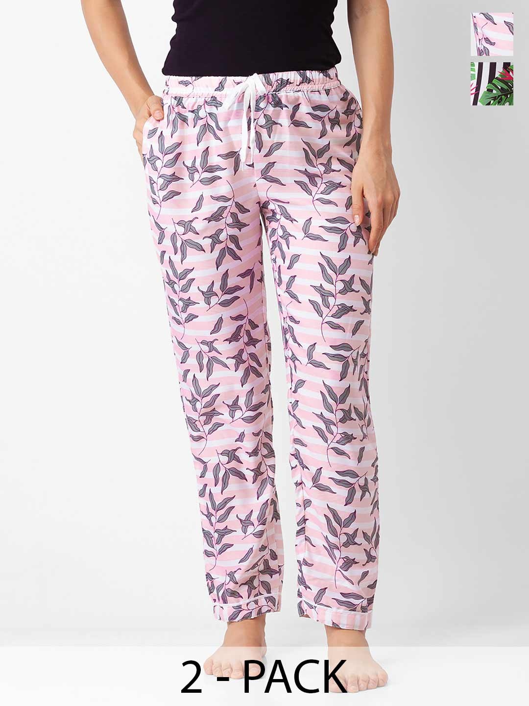 

NOIRA Women Pack Of 2 Printed Straight Leg Lounge pants, Pink