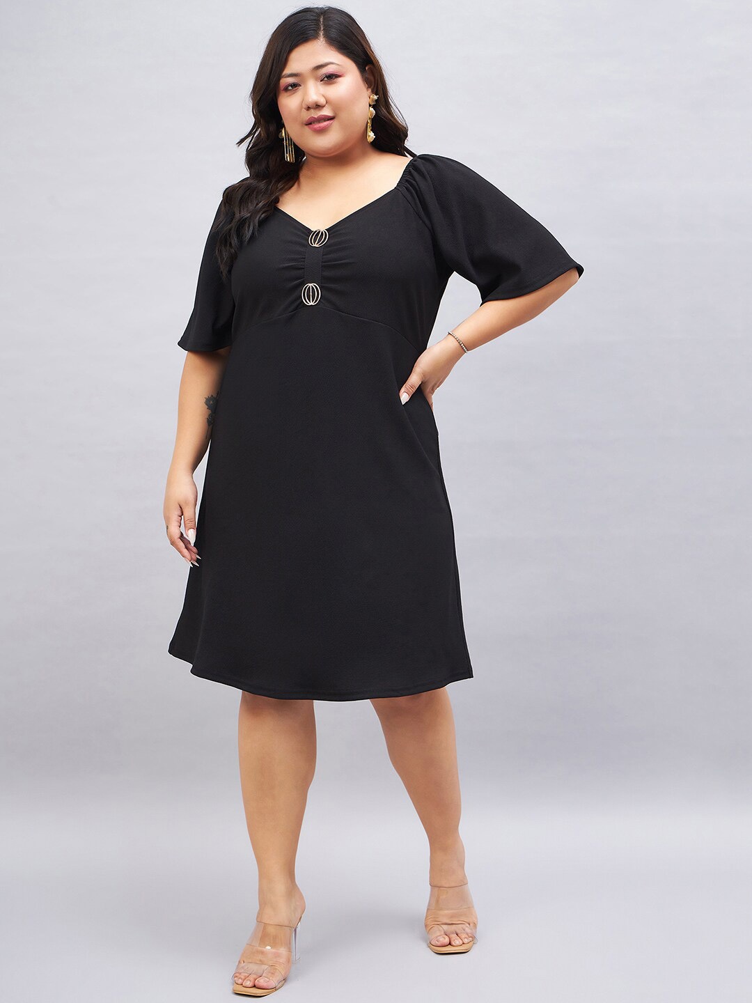 

Sztori Plus Size Sweetheart Neck Flared sleeves A-Line Dress, Black