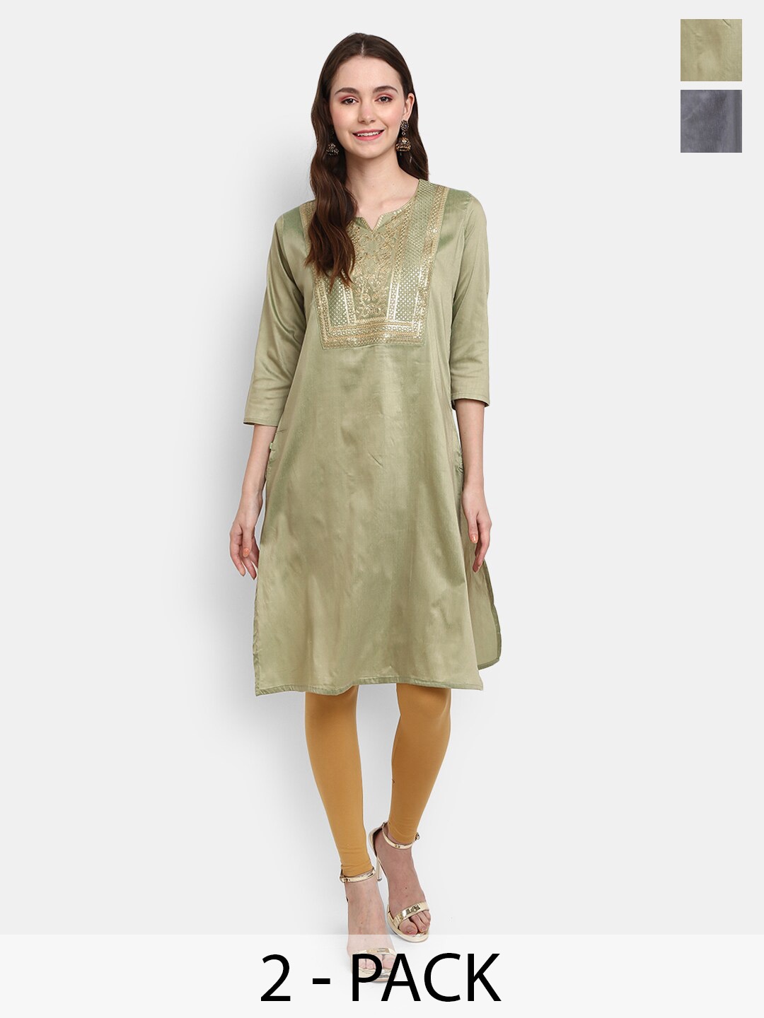 

V-Mart Embroidered Selection Of 2 Kurtas, Green