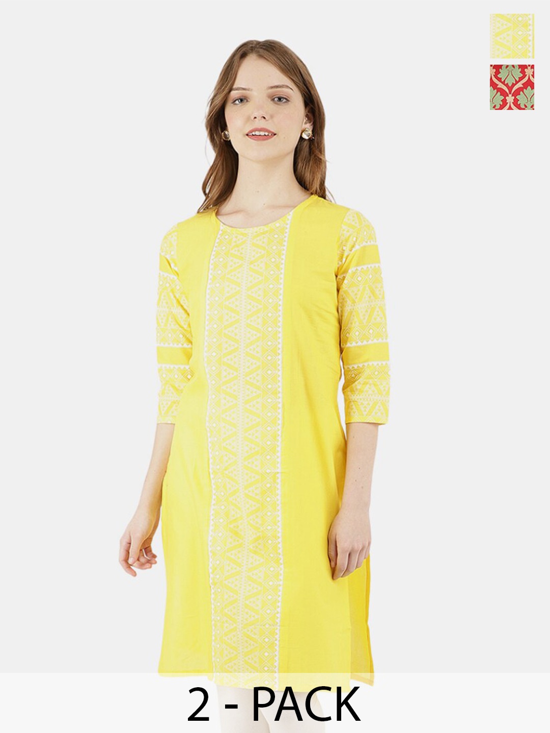 

V-Mart Ethnic Printed Cambric Round Neck Selection Of 2 Kurtas, Yellow