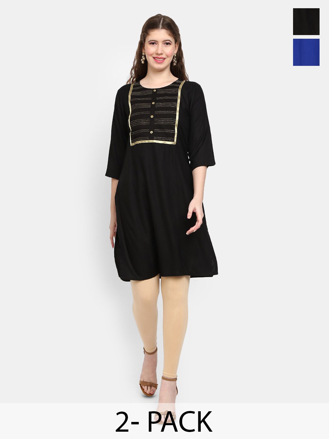 

V-Mart Ethnic Solid Rayon Round Neck Selection Of 2 Kurtas, Black