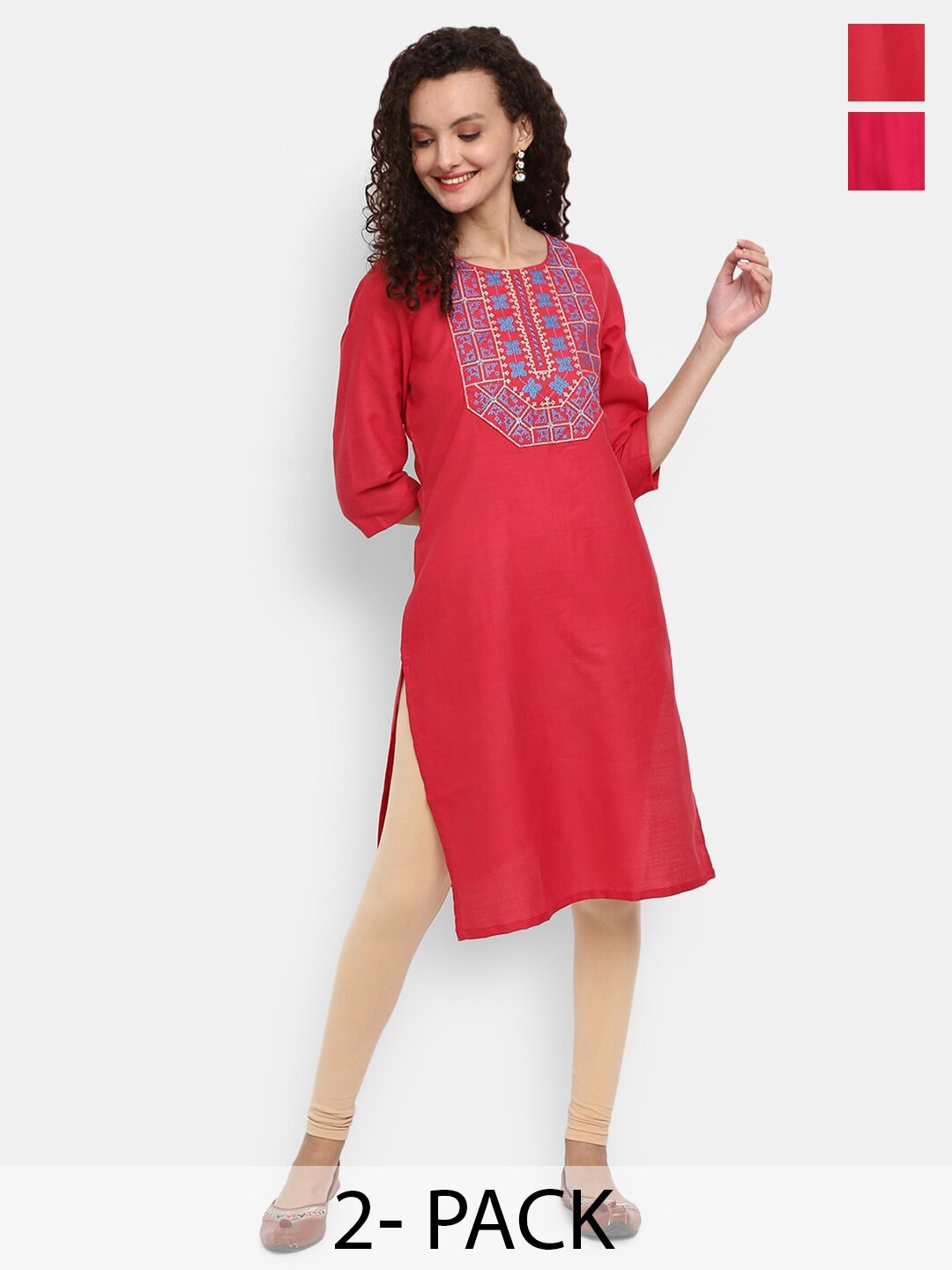 

V-Mart Ethnic Printed Round Neck Selection Of 2 Kurtas, Coral