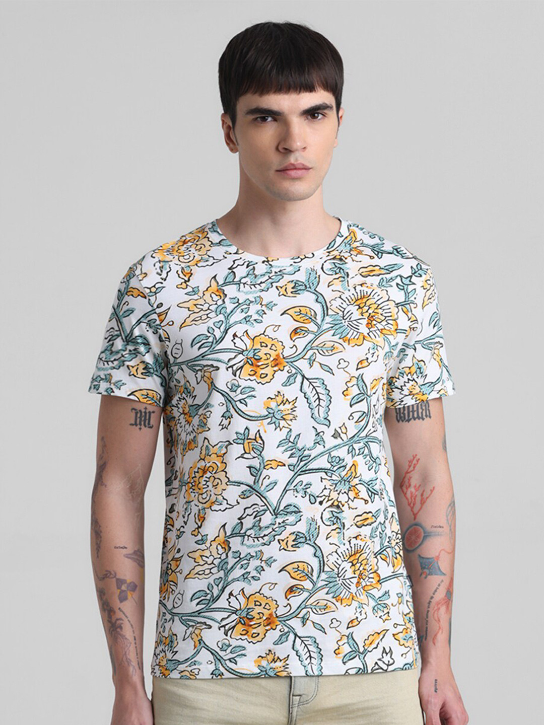 

Jack & Jones Floral Printed Round Neck Slim Fit T-shirt, White