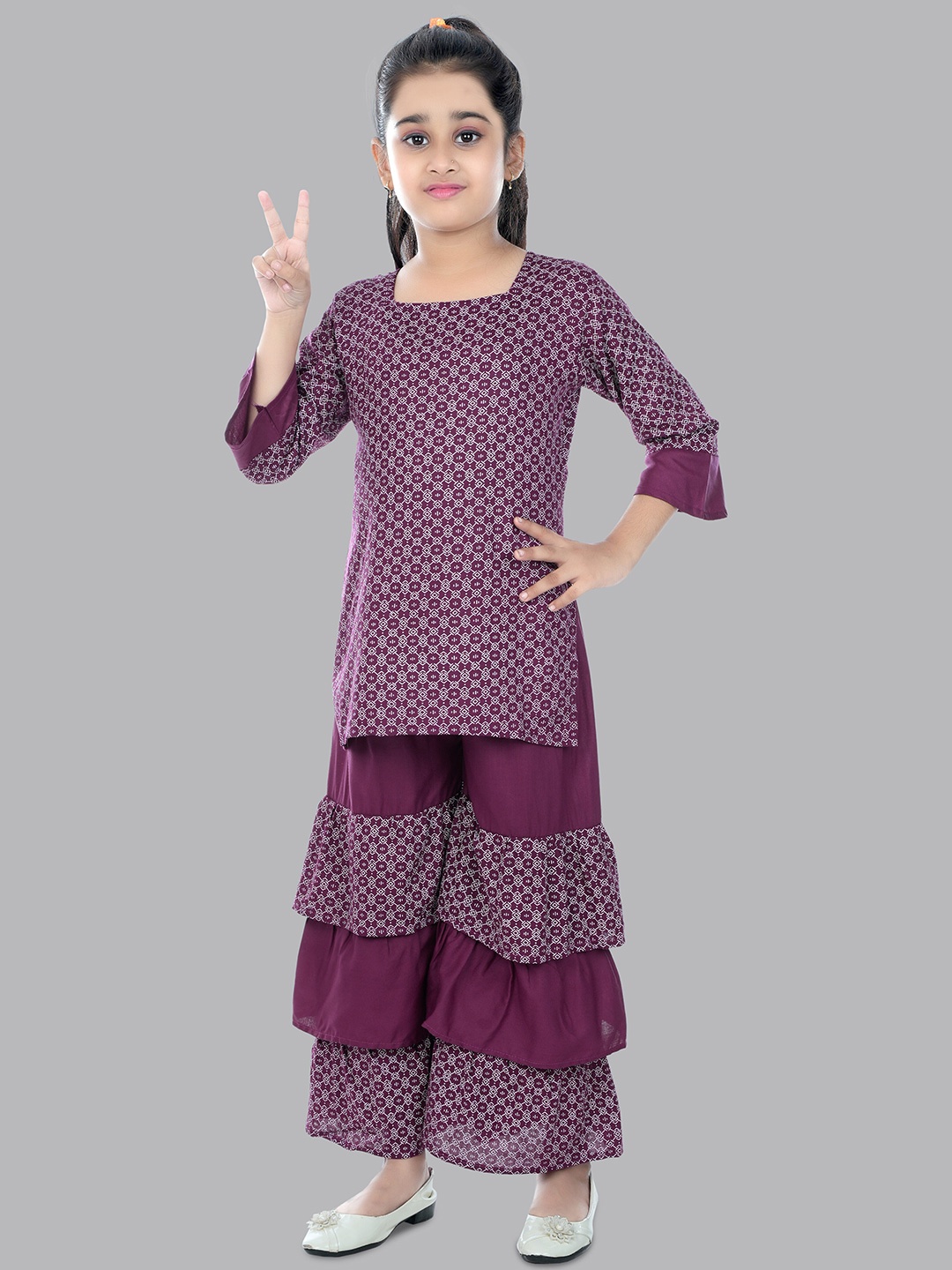 

BAESD Girls Purple and White Printed Regular Kurta with Sharara sets