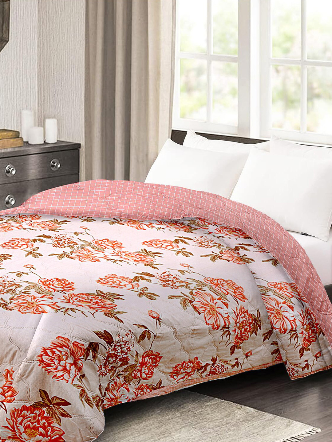 

Cortina Pink & Orange Floral 140 GSM Single Quilted Reversible 3 Layer Bed Dohar
