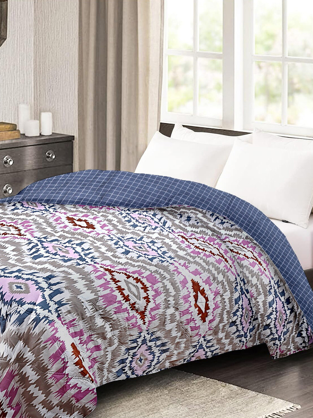 

Cortina Blue & Brown Abstract 140 GSM Single Quilted Reversible 3 Layer Bed Dohar