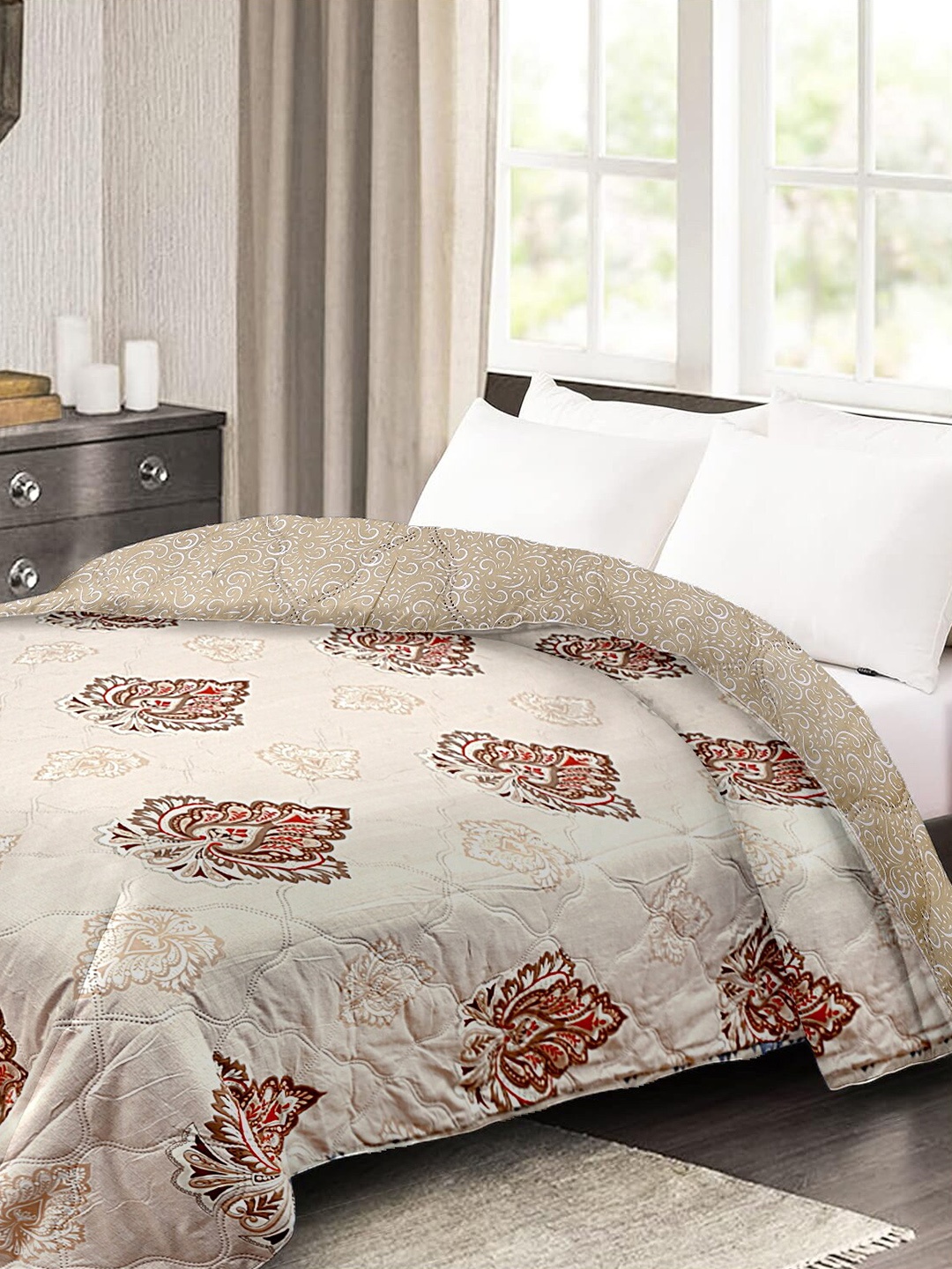 

Cortina Beige Ethnic Motifs 140 GSM Single Quilted Reversible 3 Layer Bed Dohar