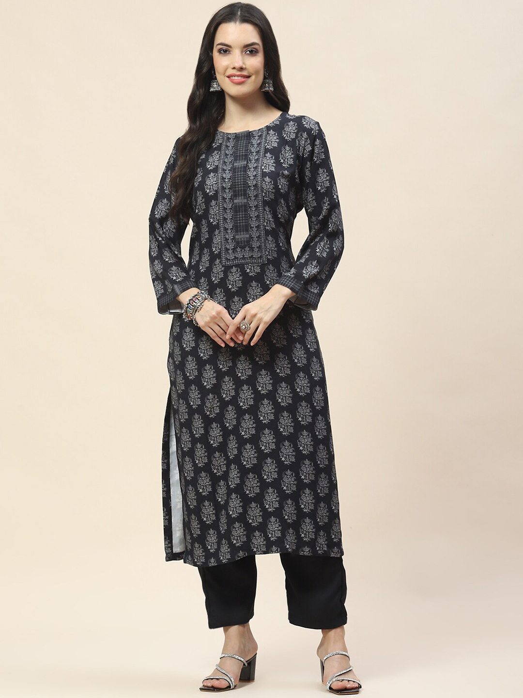 

Meena Bazaar Black Printed Kurta with Trousers