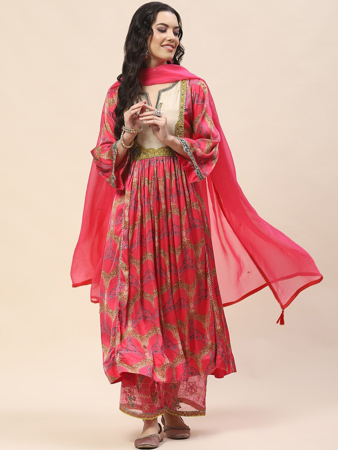 

Meena Bazaar Printed Satin Gotta Patti Kurta with Trousers & Dupatta, Pink