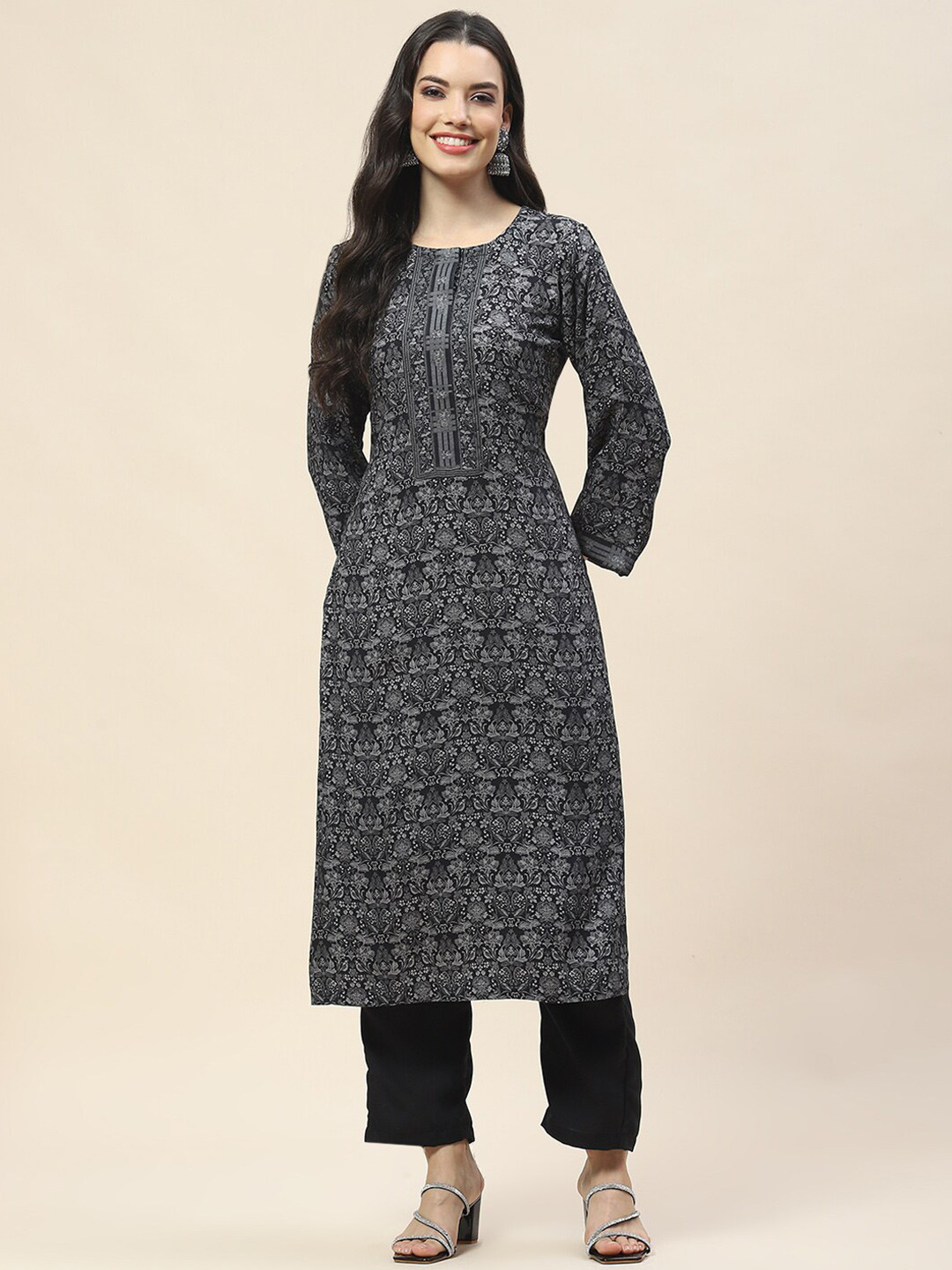 

Meena Bazaar Floral Printed Regular Kurta with Trousers, Black
