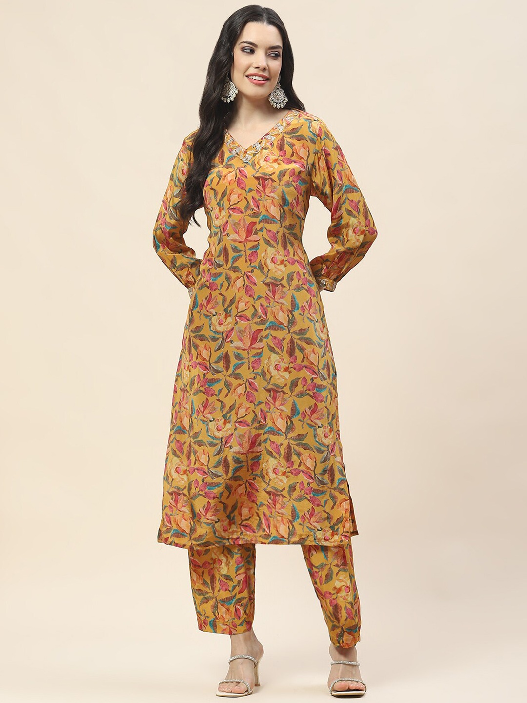 

Meena Bazaar Floral Printed V-Neck Regular Kurta with Trousers, Mustard