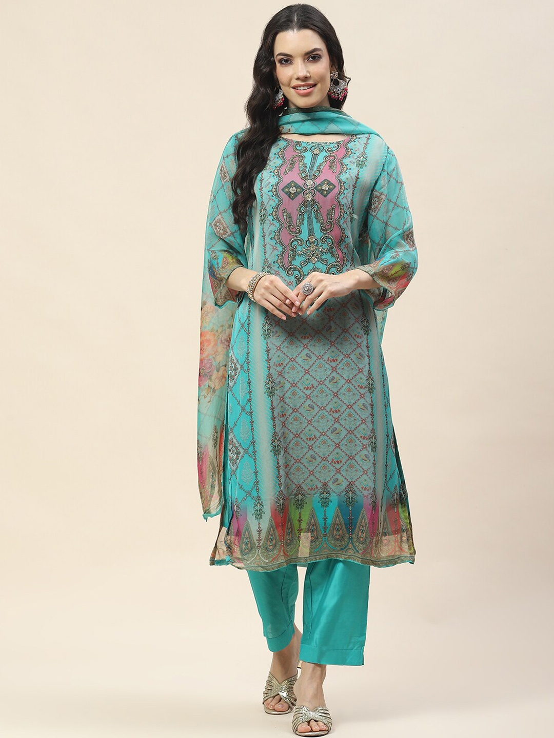 

Meena Bazaar Printed Regular Kurta with Trousers & Dupatta, Sea green